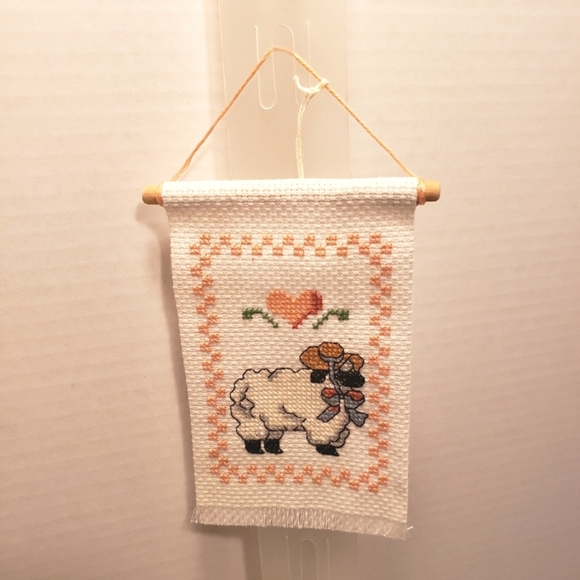 HAND CRAFTED Cross-stitch Mini Banner with a Heart and Ewe Sheep in a Bonnet - Picture 2 of 3